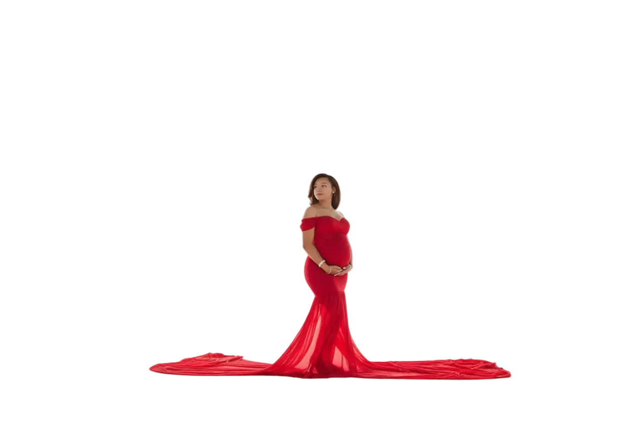 Ziumudy Off-Shoulder Maternity Mermaid Gown – Burgundy Chiffon Dress for Photoshoots