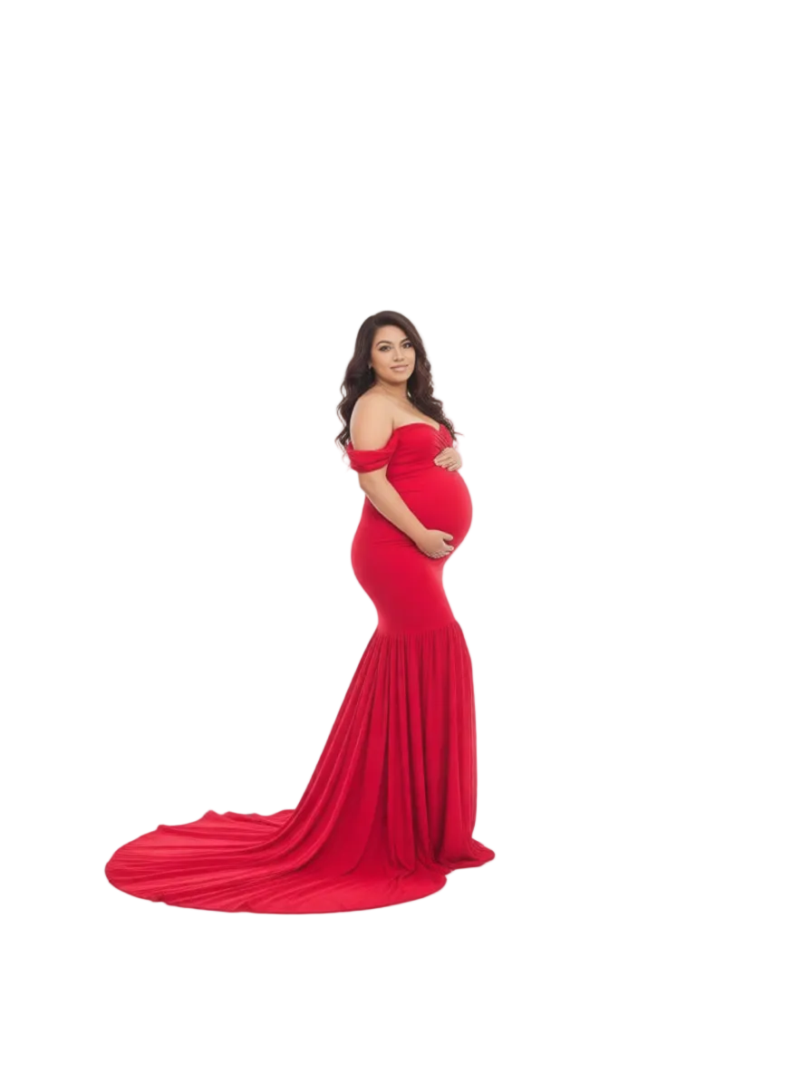 Ziumudy Off-Shoulder Maternity Mermaid Gown – Burgundy Chiffon Dress for Photoshoots