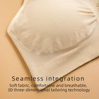 Beige bra with text highlighting seamless integration on a beige background