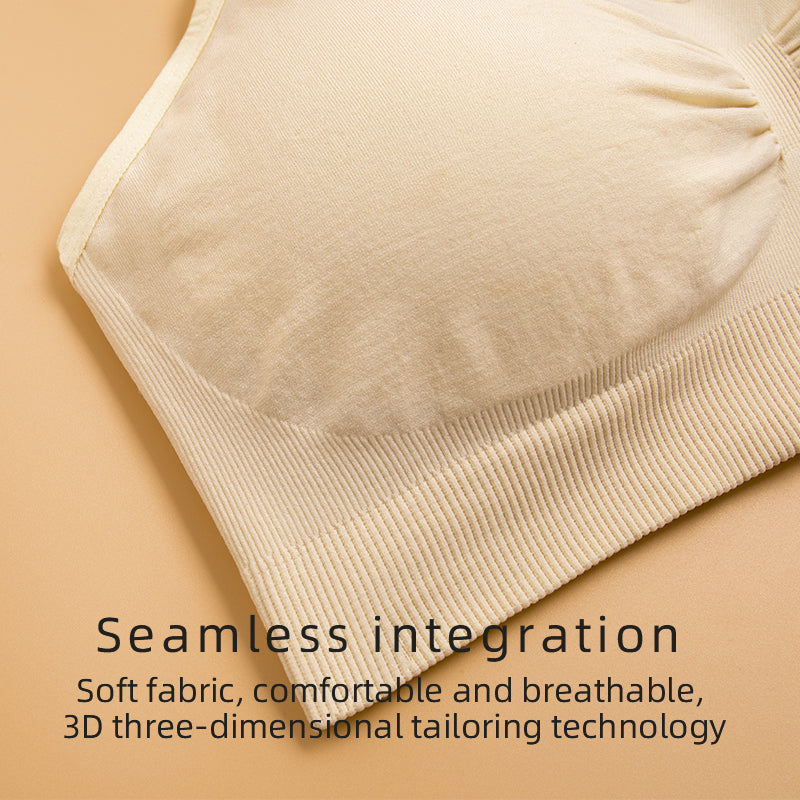 Beige bra with text highlighting seamless integration on a beige background