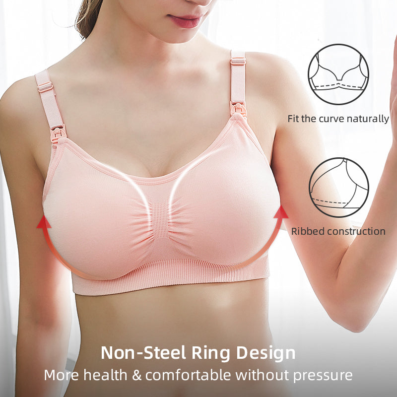 Pink bra worn by a model with text highlighting features on a white background