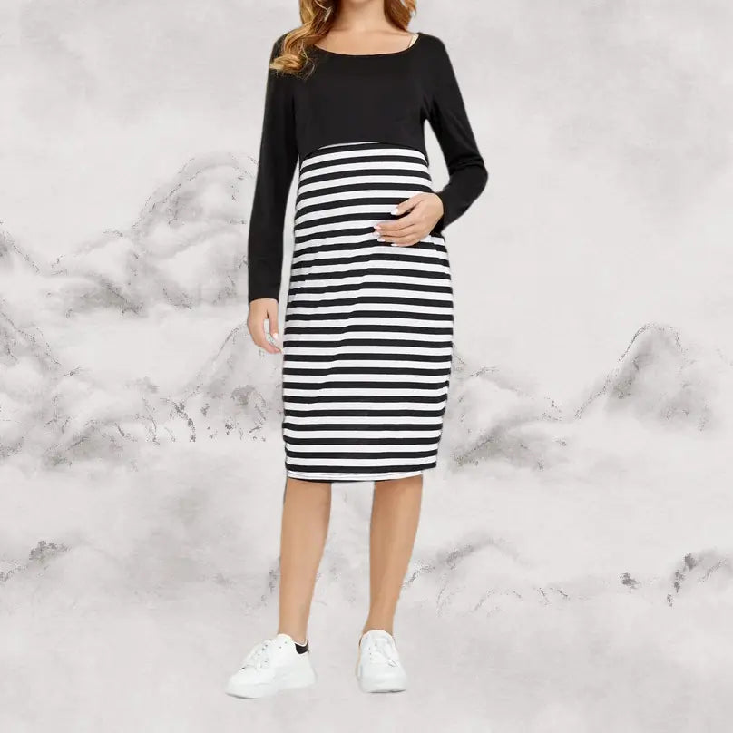 Striped Maternity Nursing Dress - Casual Breastfeeding Dress with Easy Access