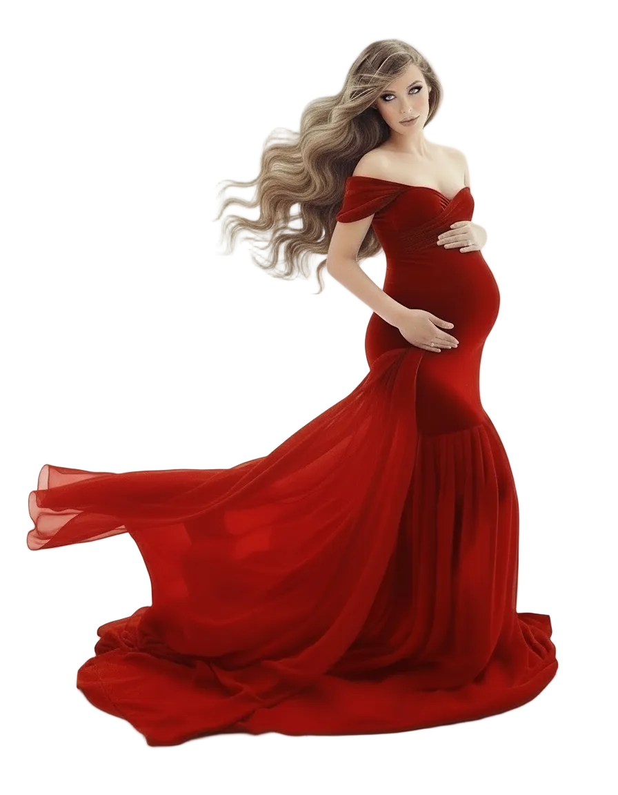 Ziumudy Off-Shoulder Maternity Mermaid Gown – Burgundy Chiffon Dress for Photoshoots