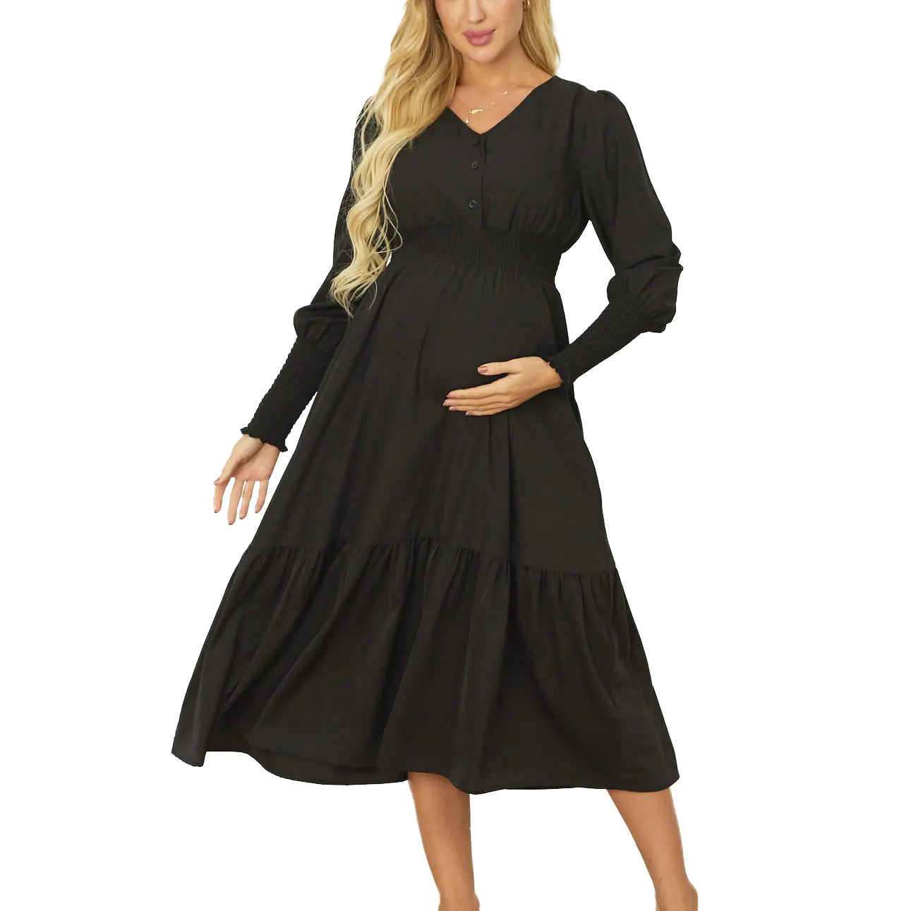 Sophisticated V-Neck Button Nursing Dress - Timeless Long Sleeve Maternity Dress