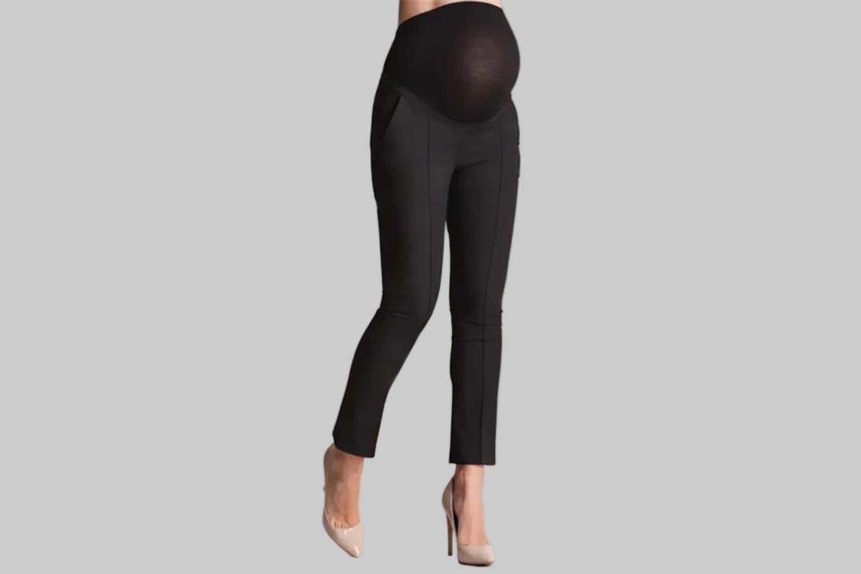 High Waist Maternity Work Pants - Comfortable Straight Leg Office Trousers for Pregnancy