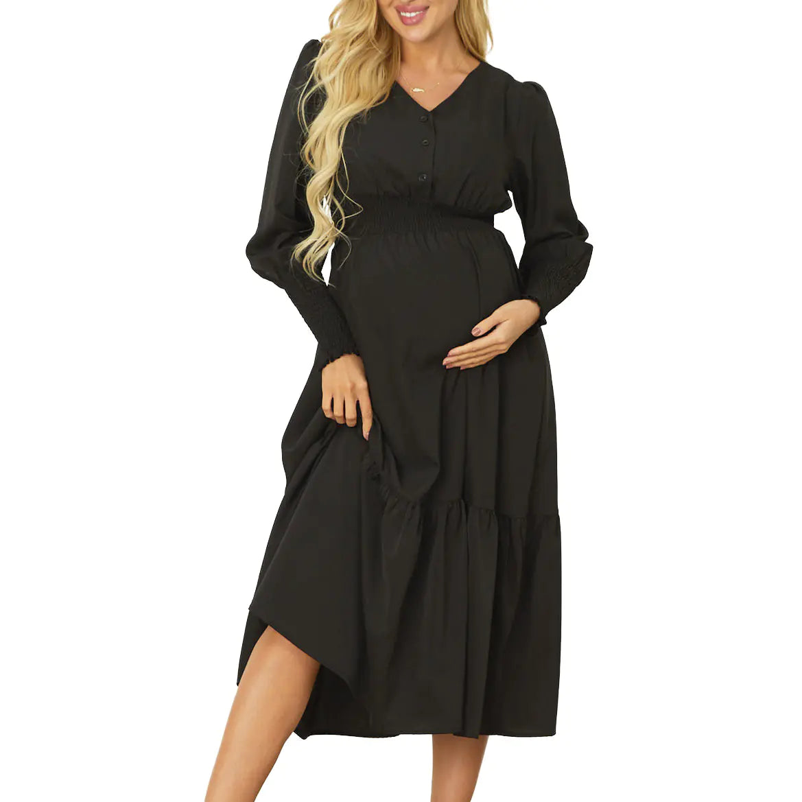 Sophisticated V-Neck Button Nursing Dress - Timeless Long Sleeve Maternity Dress