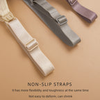 Non-slip straps in beige, gray, and purple on a beige background with text describing their properties.