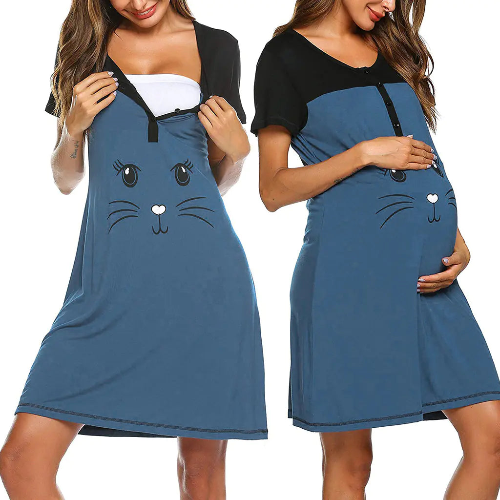 Maternity Cat Print Breastfeeding Dress