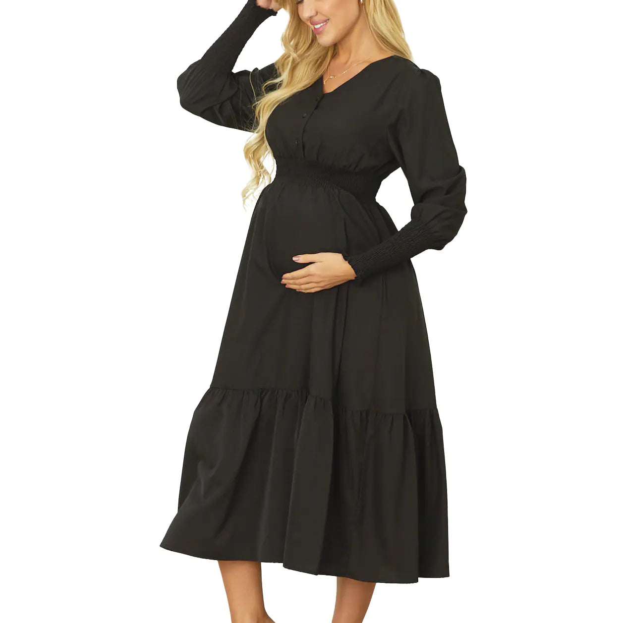 Sophisticated V-Neck Button Nursing Dress - Timeless Long Sleeve Maternity Dress