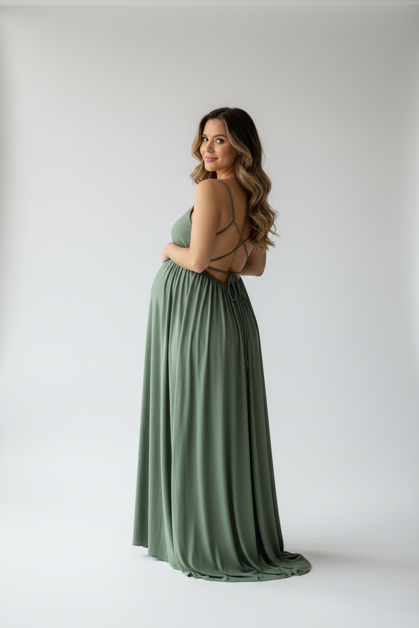 Army Green backless dress - back view studio