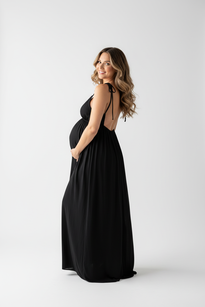 Black backless dress - back view studio