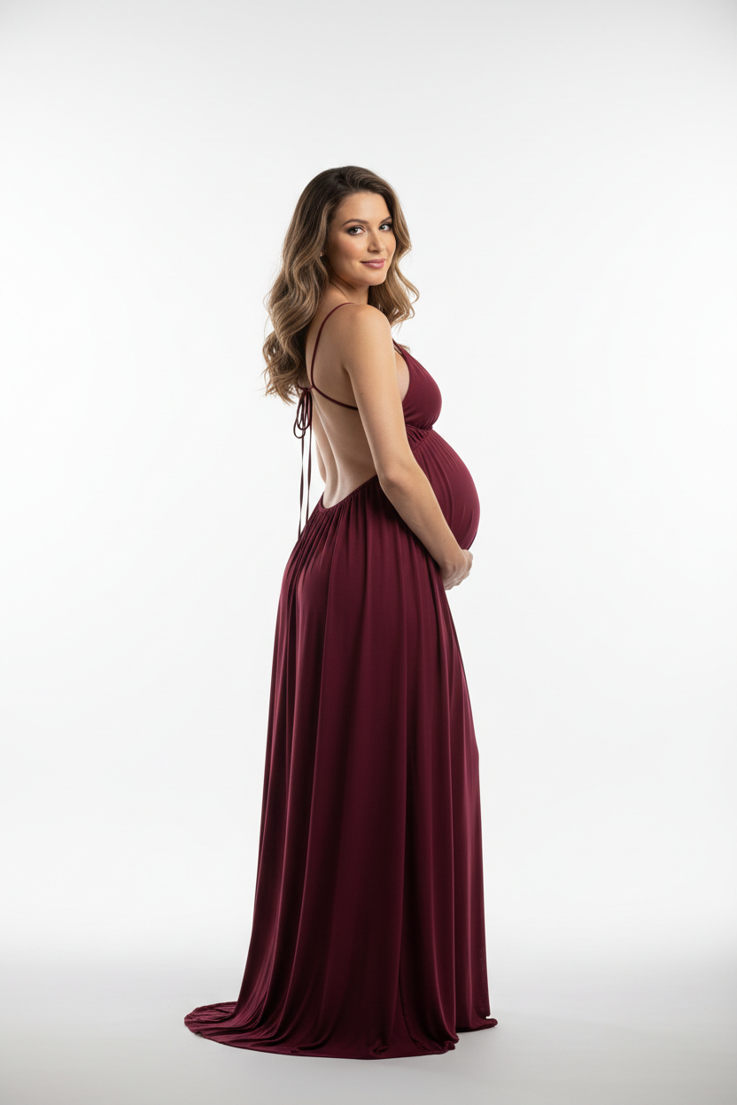 Burgundy backless dress - back view studio