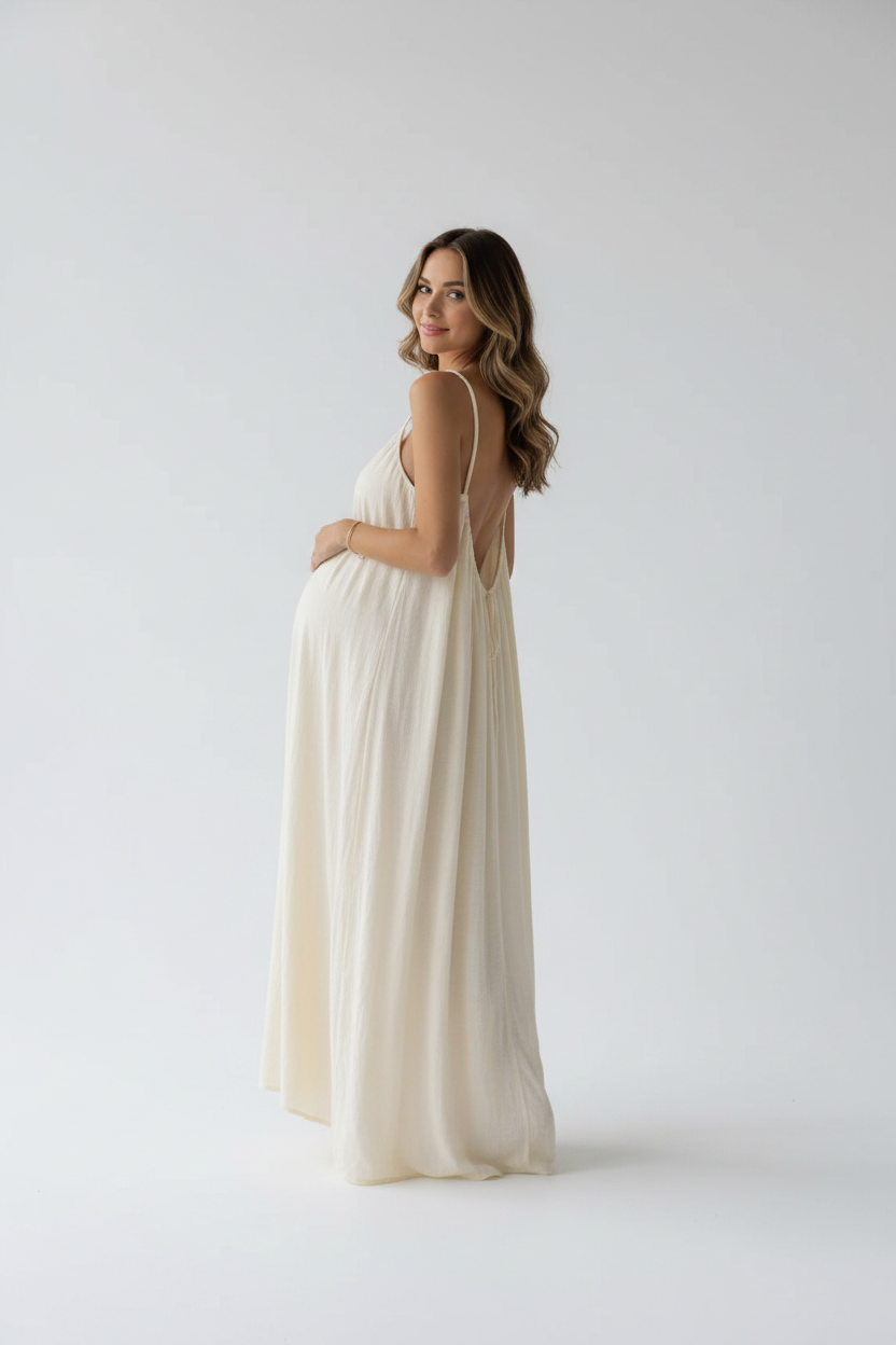 Cream Beige backless dress - back view studio