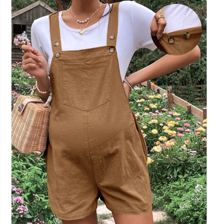 Maternity Suspender Shorts - Adjustable High Waist Overalls for Pregnancy
