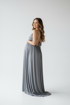 Gray backless dress - back view studio