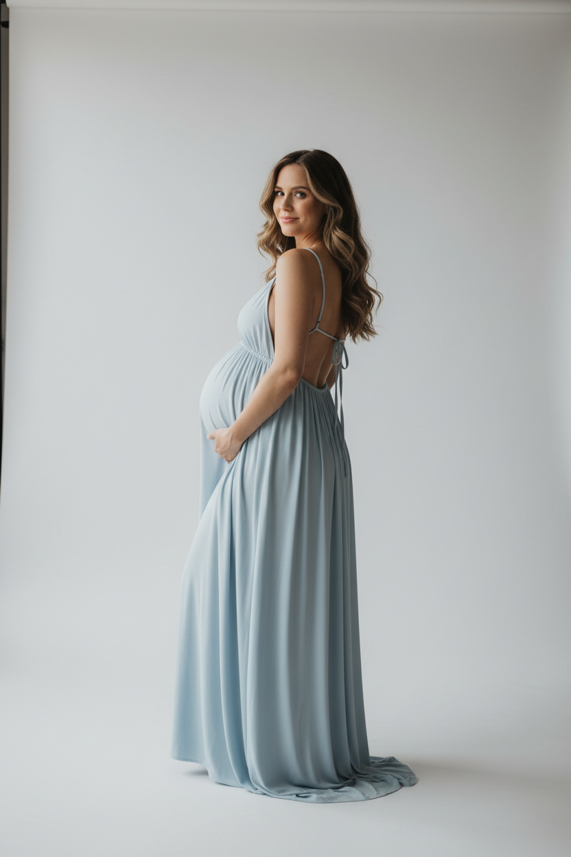 Light Blue backless dress - back view studio