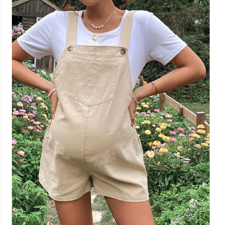 Maternity Suspender Shorts - Adjustable High Waist Overalls for Pregnancy