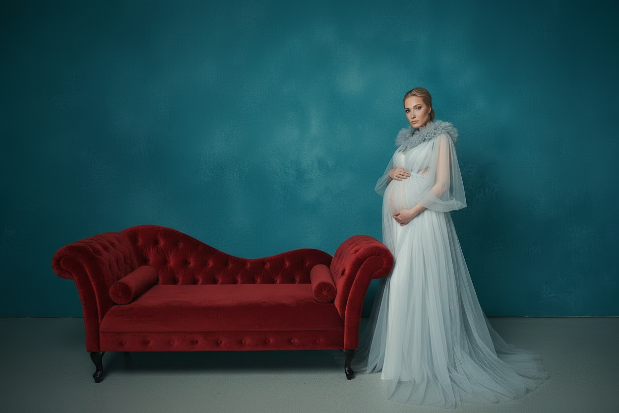 Pregnant model in blue tulle dress with red velvet chair