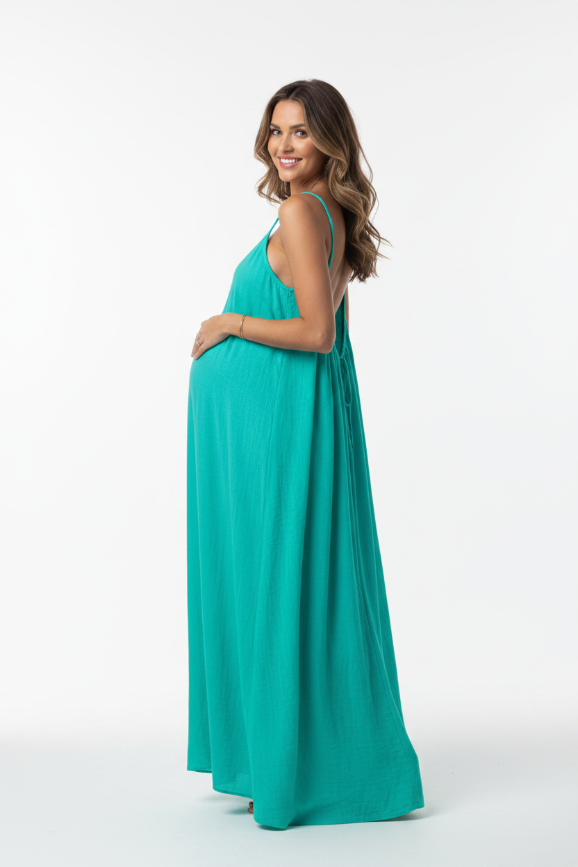 Turquoise Teal backless dress - back view studio